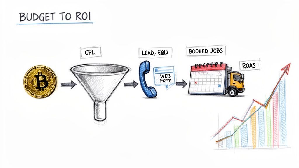 Marketing funnel diagram illustrating the journey from budget to ROI, including CPL, leads, booked jobs, and ROAS.