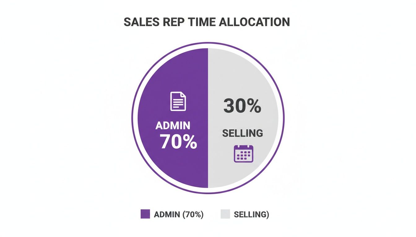 A pie chart illustrating that sales representatives spend 70% of their time on administrative tasks and 30% on selling activities.