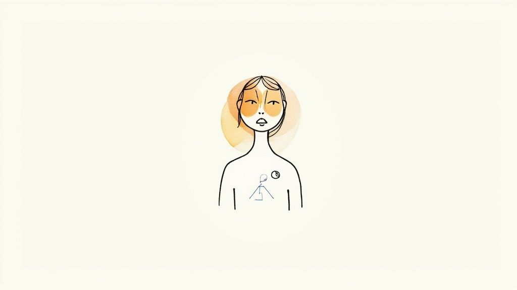 A minimalist line art illustration of a woman with abstract orange shapes and symbolic drawings inside her.
