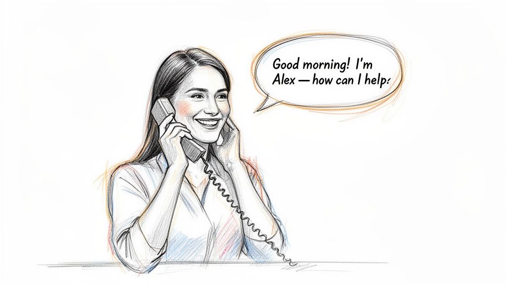 A pencil drawing of a smiling woman speaking on a corded phone with a speech bubble.
