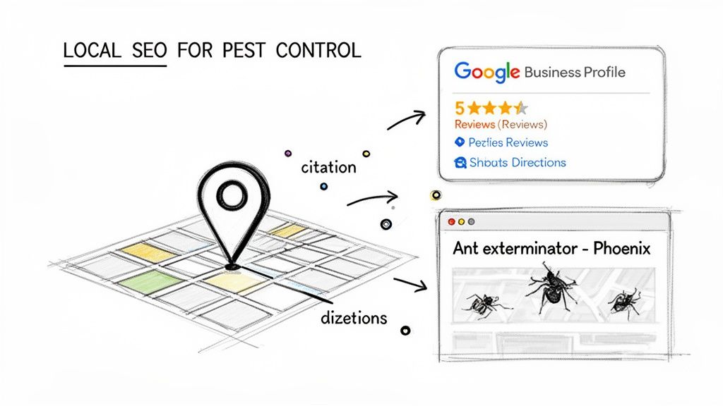 Illustration explaining local SEO for pest control, showing map, citations, Google Business Profile, and search results.
