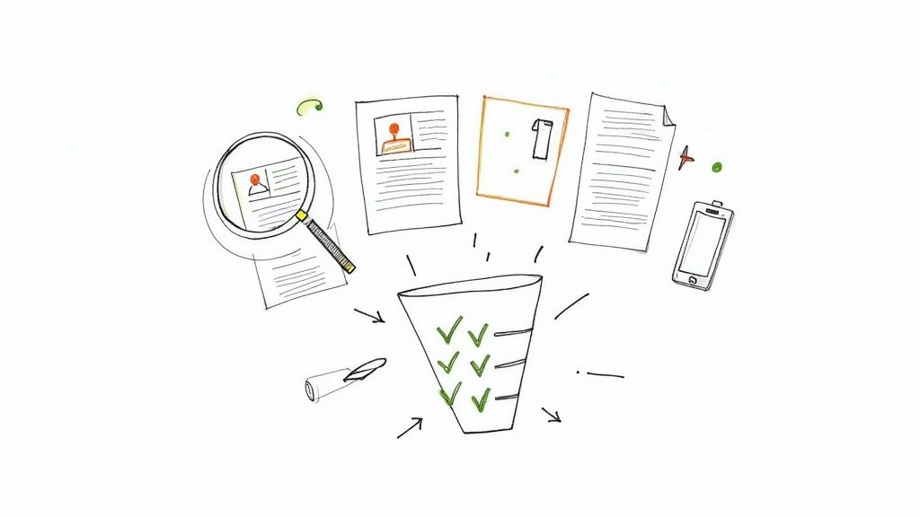 Recruitment documents and resumes being filtered through selection funnel with checkmarks