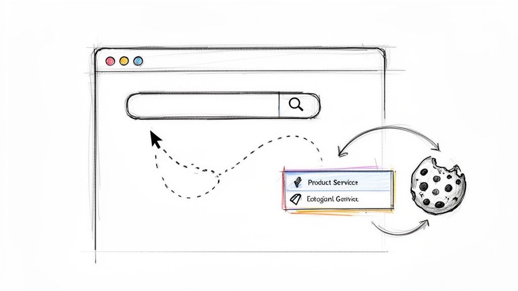 Hand-drawn sketch of a web browser with a search bar, dropdown suggestions, and a cookie representing targeted services.