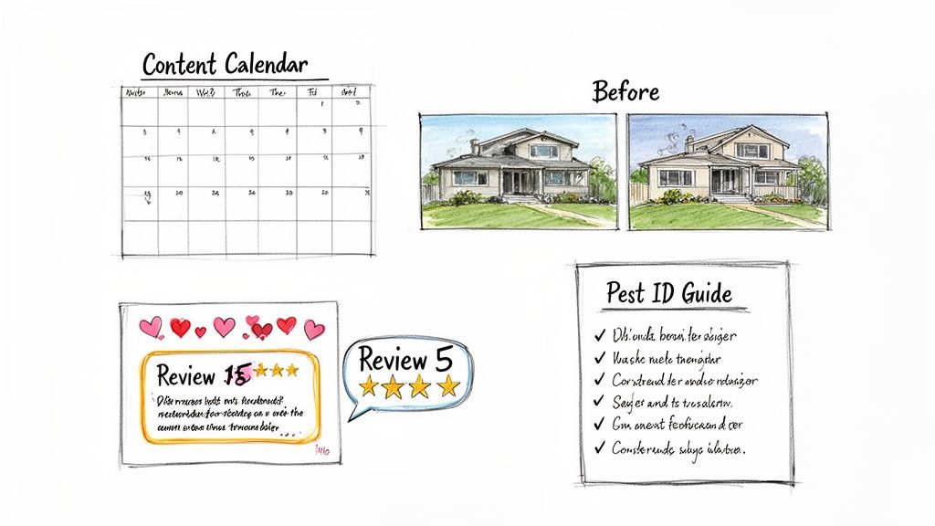 A whiteboard sketch illustrating various marketing tools: a content calendar, before images, customer reviews, and a pest ID guide.