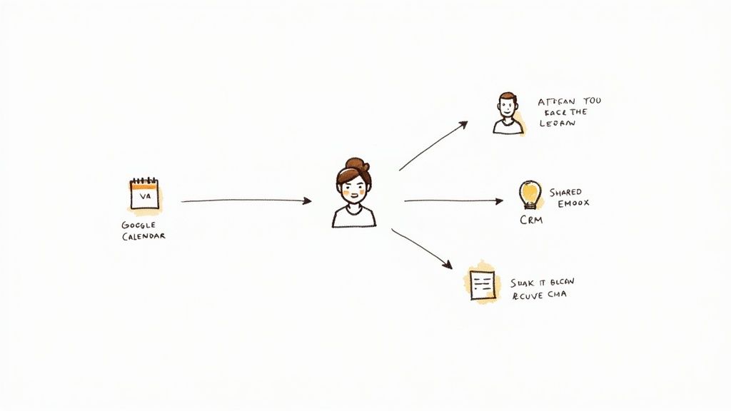 Diagram illustrating a virtual assistant's workflow, managing tasks from Google Calendar to various outputs.