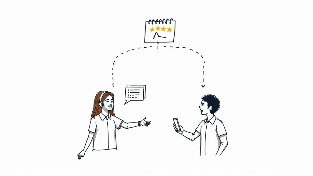 A friendly customer service agent with a headset taking a call and smiling.