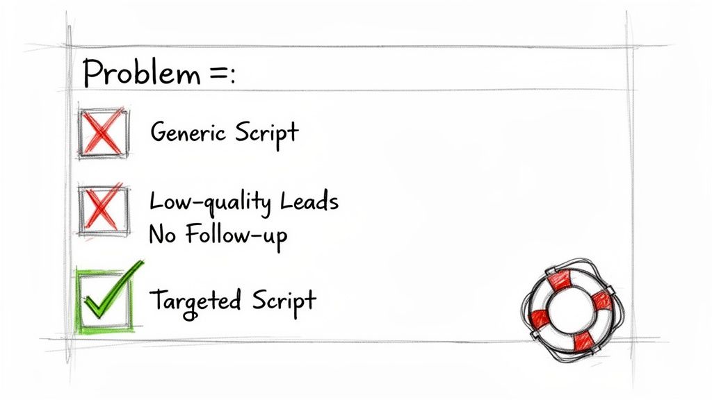 Checklist identifying sales problems like generic scripts and low-quality leads, with 'targeted script' marked as a solution, accompanied by a lifebuoy.
