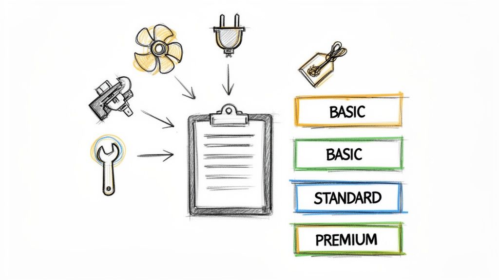 Hand-drawn icons show parts, power, service, and price leading to basic, standard, and premium tiers.
