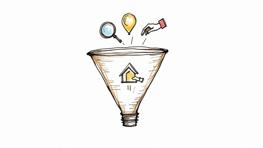 A marketing funnel graphic showing various channels like social media and SEO feeding into a central point.