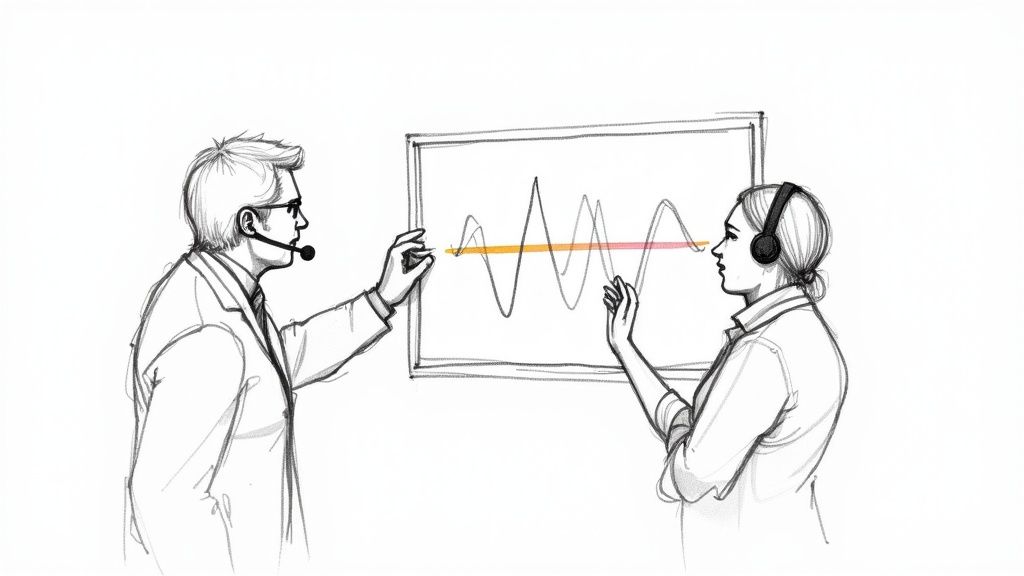 A customer service representative wearing a headset and smiling while monitoring calls on a computer.