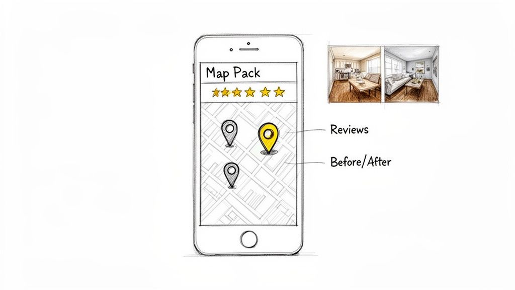 Illustration of a smartphone screen showing local map pack results with star ratings and location pins, alongside before/after room images.