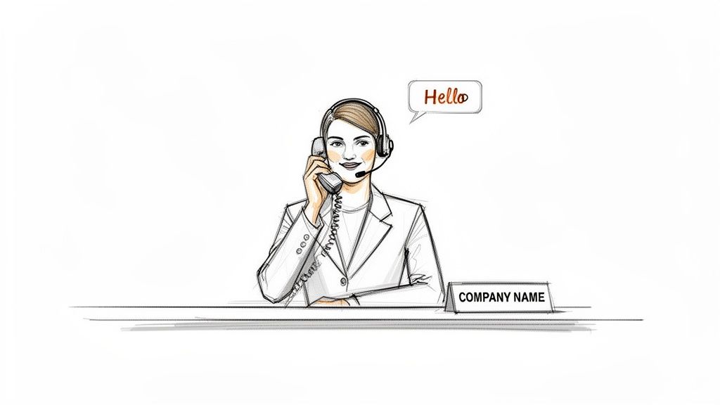 A friendly sketch of a woman in a headset talking on the phone, saying 'Hello'.