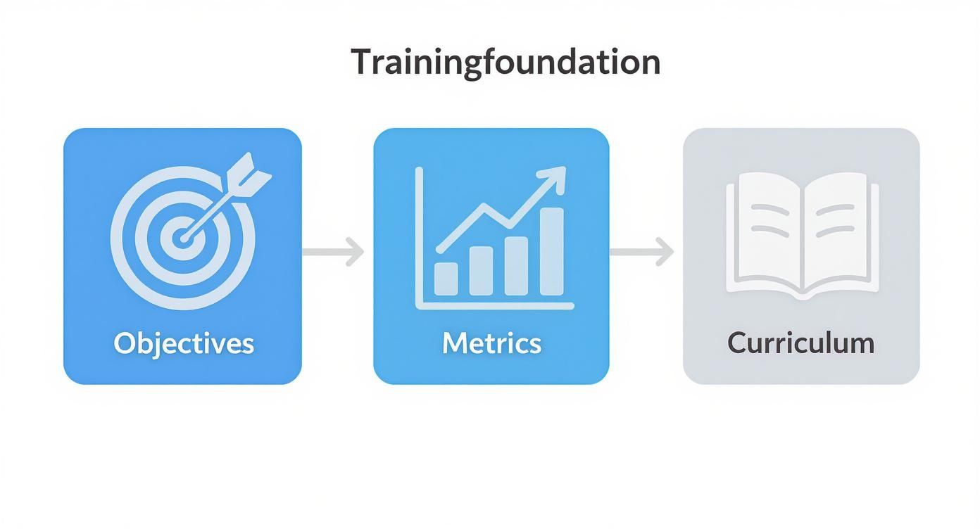 Training foundation workflow diagram showing progression from objectives through metrics to curriculum development