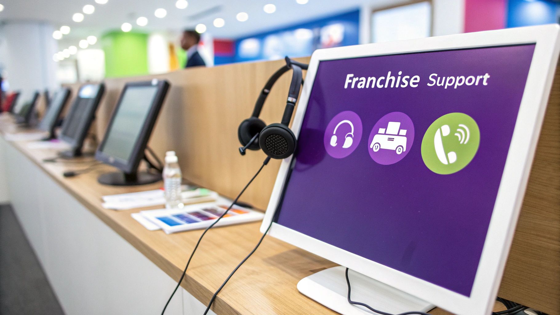 Image of phone with franchise logo