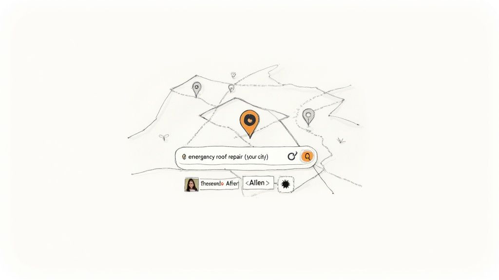 Hand-drawn map displaying location pins and a search bar for 'emergency roof repair'.