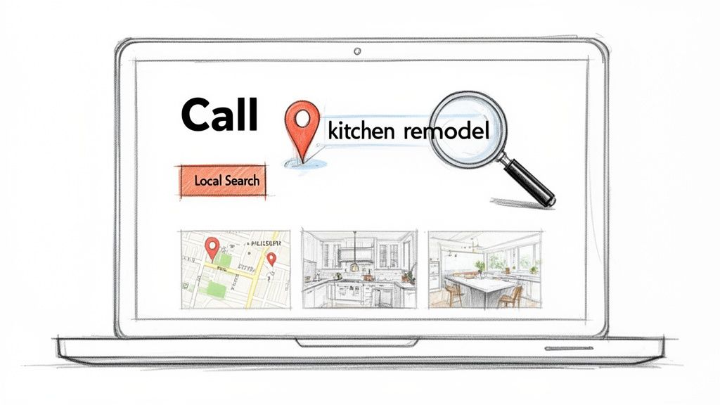 A laptop screen displaying a search for 'kitchen remodel' with local search results and kitchen design images.