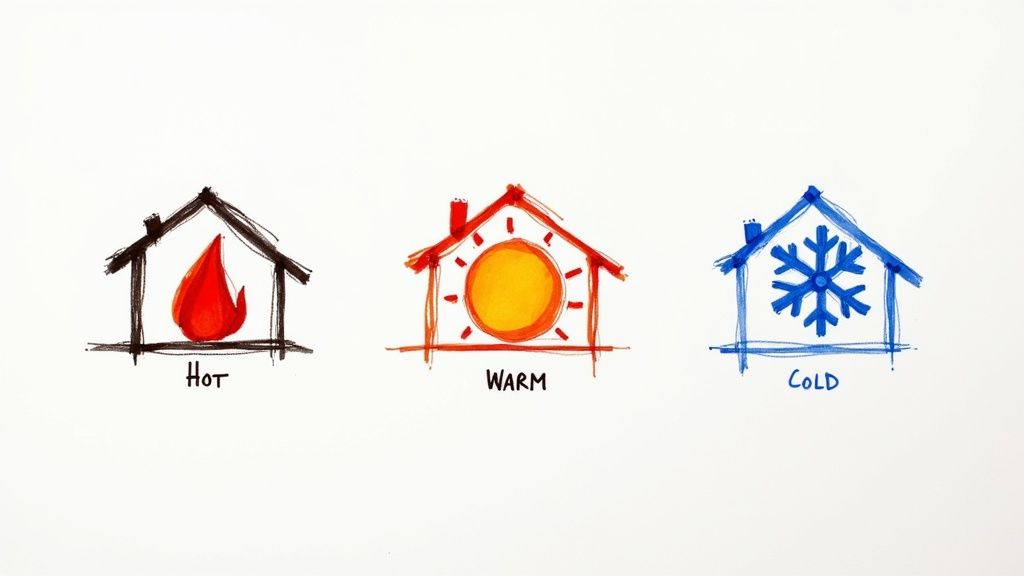 A thermometer graphic illustrating hot, warm, and cold temperatures, representing different types of sales leads.