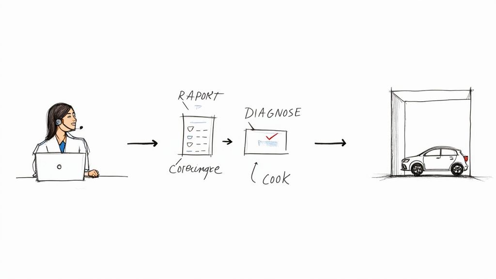 A diagram illustrating the auto repair service process from customer service call to diagnosis and vehicle entry.
