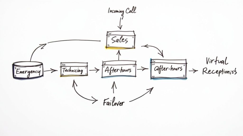 Flowchart illustrating call routing: Incoming Call to Sales, Technicing, Emergency, After-hours, and Virtual Receptionist.
