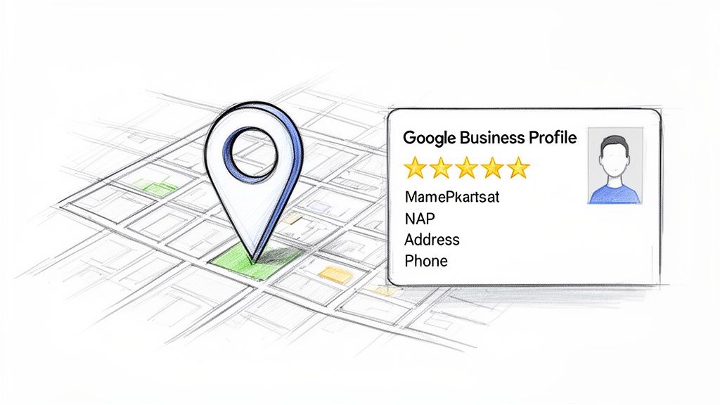 A sketch of a Google Maps pin on a map, pointing to a Google Business Profile with stars and business details.