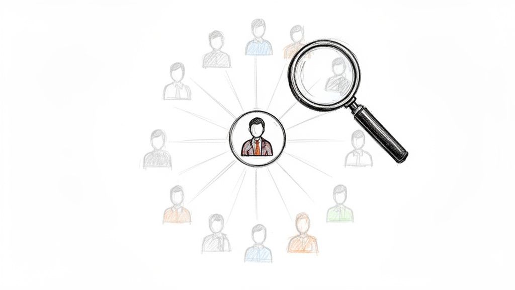 An illustration showing a central figure connected to a network, with a magnifying glass searching one specific person.