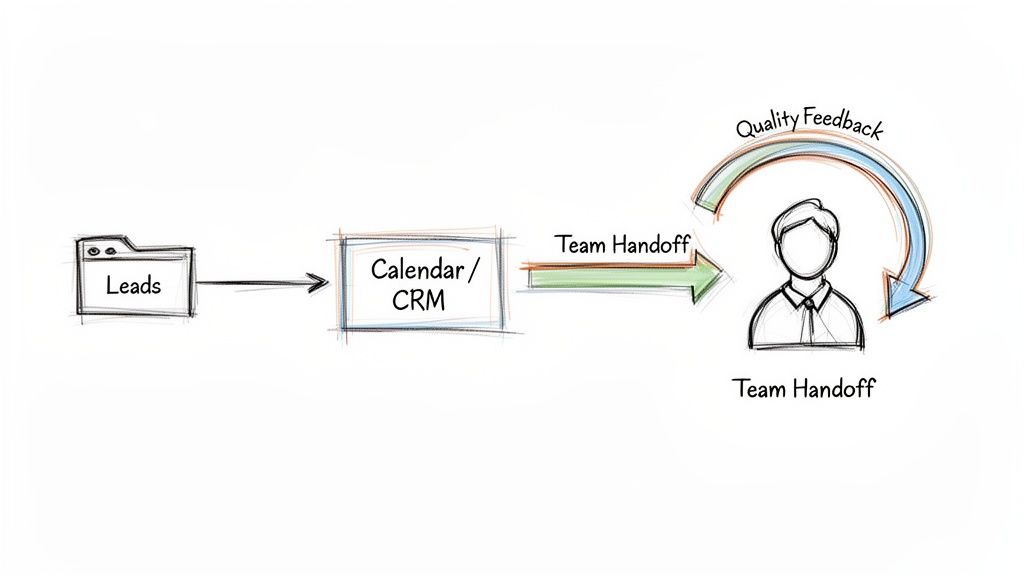 A hand-drawn diagram illustrating a lead management workflow from leads to CRM, team handoff, and quality feedback.