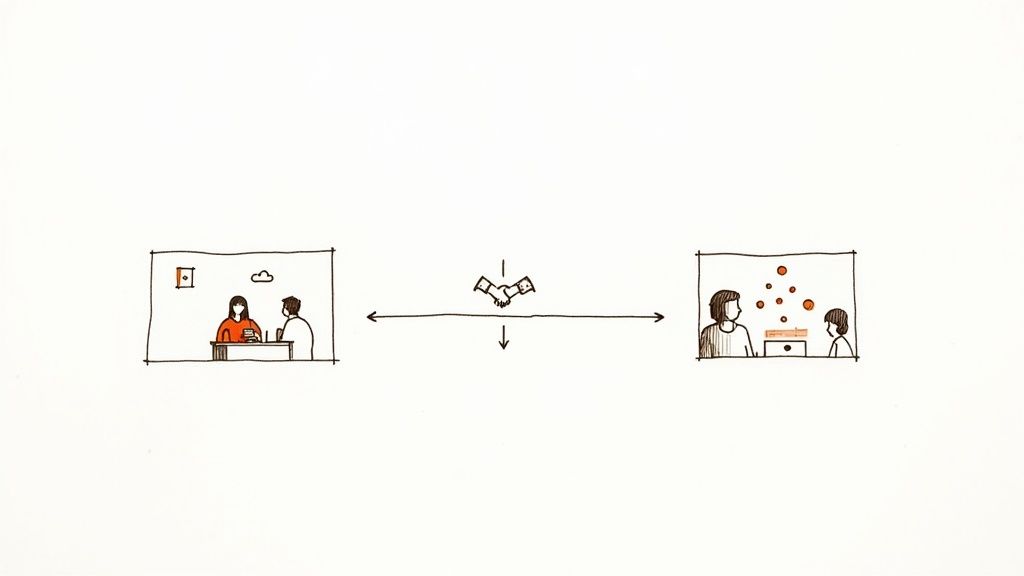 Simple line drawing depicting two groups of people interacting through a handshake and arrows, symbolizing a transaction or connection.