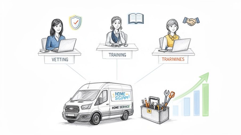 Illustration depicting the vetting, training, and management process for a home service company, leading to growth.