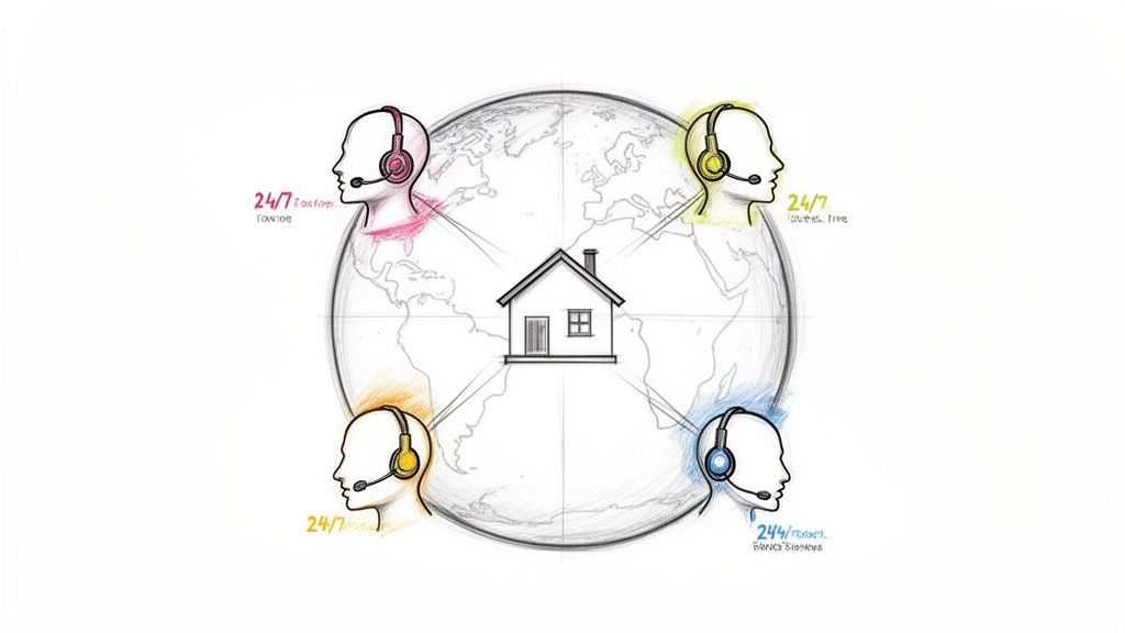 Illustration of a global 24/7 customer support network with remote service engineers connected to a central house.