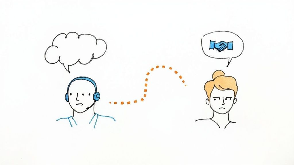 A customer service representative answering the phone professionally, with a calm and confident expression.