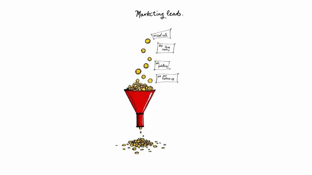 Illustration of a marketing lead funnel losing gold coins due to missed calls and no follow-up.