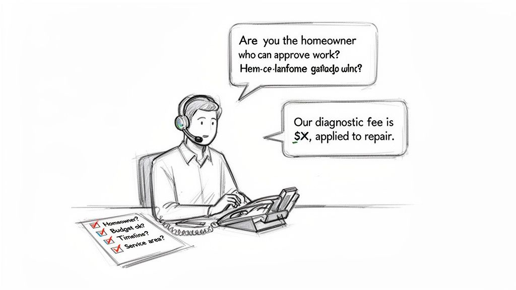 A call center agent with a headset is on the phone, qualifying leads with a checklist.