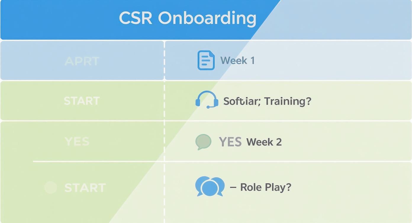 CSR onboarding flowchart showing weekly training timeline with softiar training and role play milestones