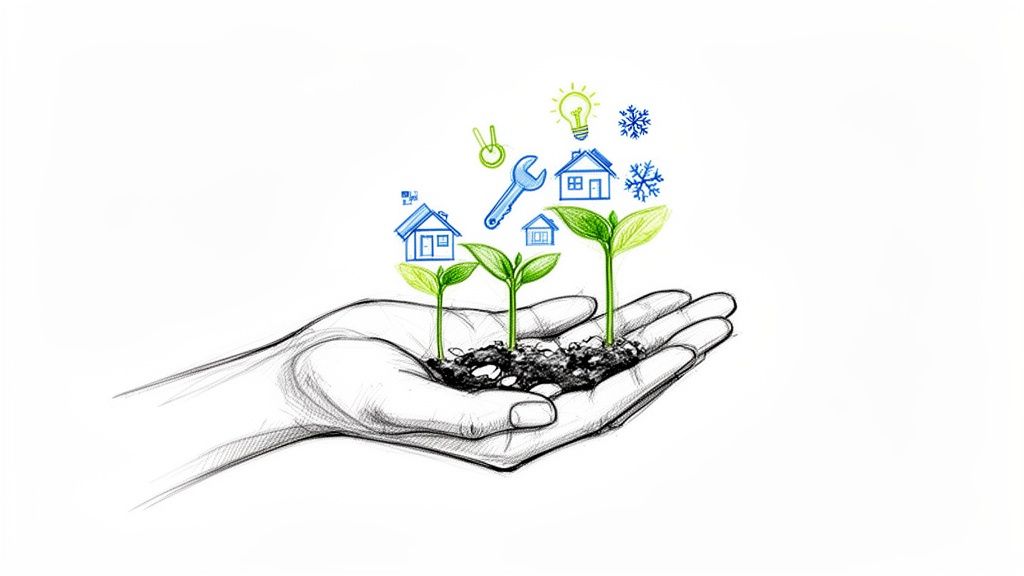 A sketched hand cradling three green saplings, with icons for home, energy, and maintenance.
