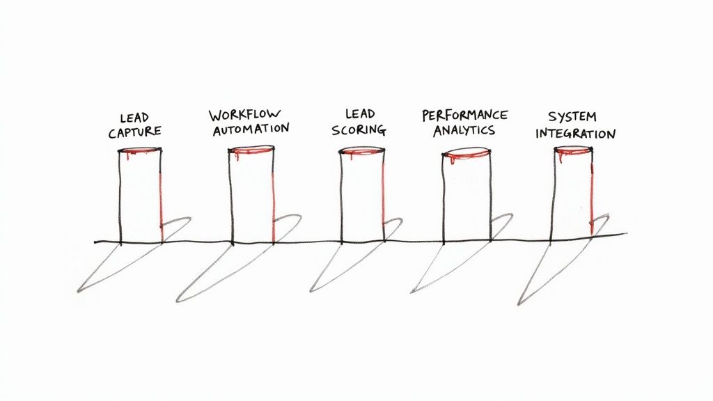 A magnifying glass hovering over icons representing data, automation, and customer profiles.