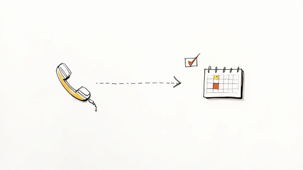 Phone handset with arrow pointing to calendar showing appointment scheduling and checkmark confirmation