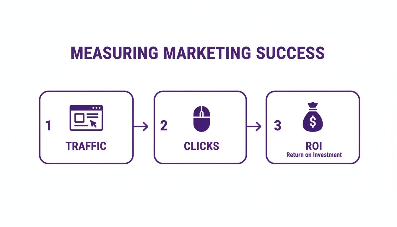 Infographic showing three steps to measure marketing success: traffic, clicks, and ROI.