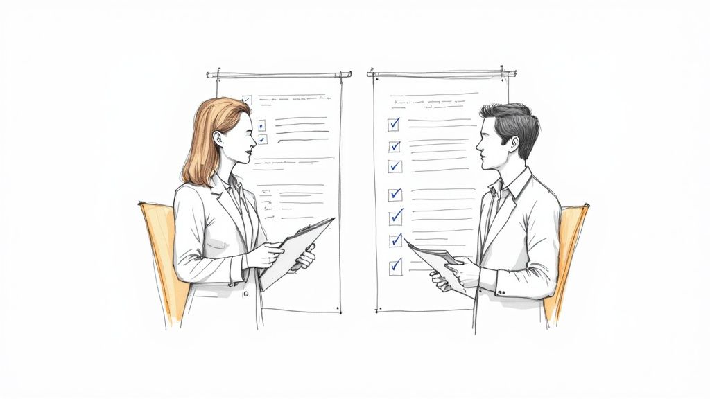 A group of customer service professionals collaborating and reviewing data on a screen, embodying effective QA practices.