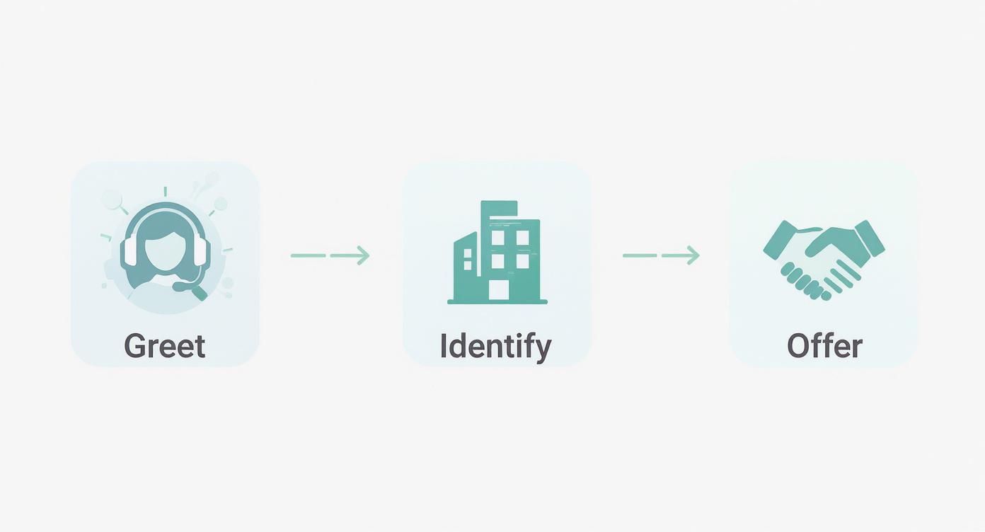 A diagram outlining a three-step process: Greet (customer service icon), Identify (building icon), and Offer (handshake icon).