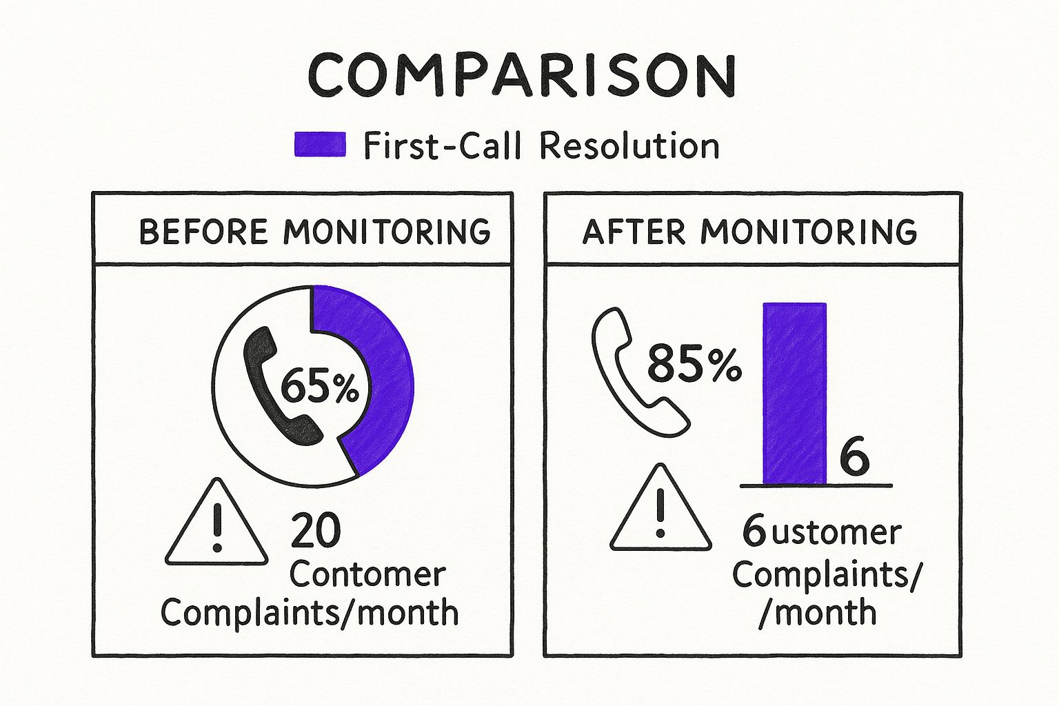 Infographic comparing business metrics before and after implementing call monitoring, showing an increase in first-call resolution and a decrease in customer complaints.