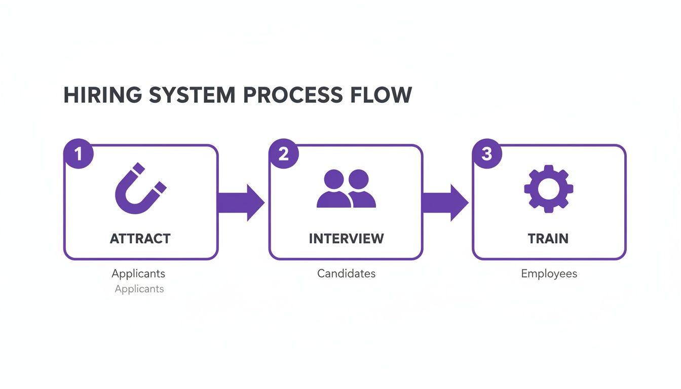 A hiring system process flow chart illustrating attract applicants, interview candidates, and train employees steps.