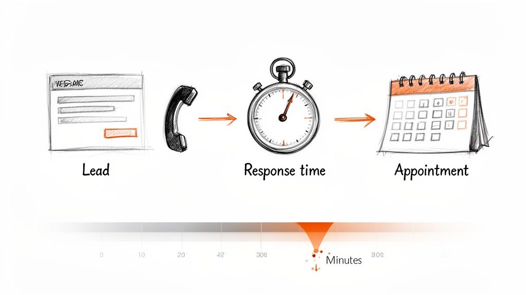 Infographic illustrating the sales process: lead generation, response time, and setting an appointment.