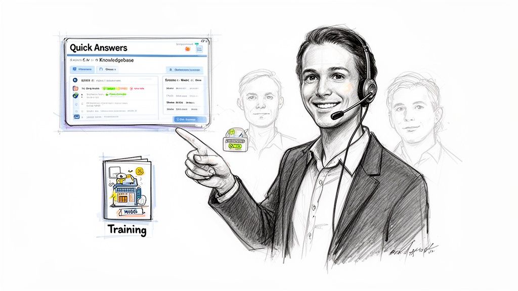 Sketch of a smiling customer service agent pointing to a 'Quick Answers Knowledgebase' and 'Training' module.
