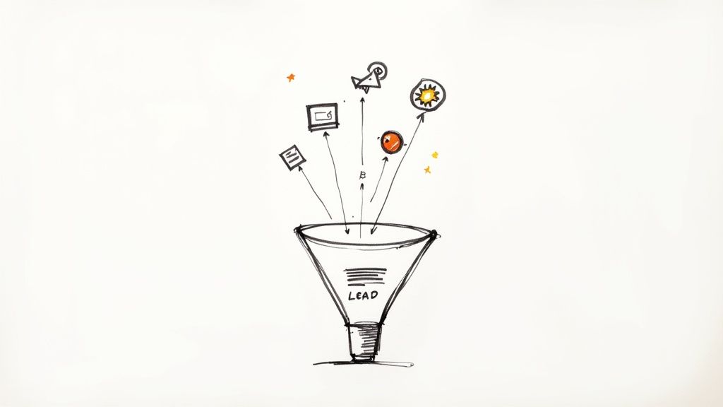 A person analyzes different marketing channels on a screen for a sales lead description