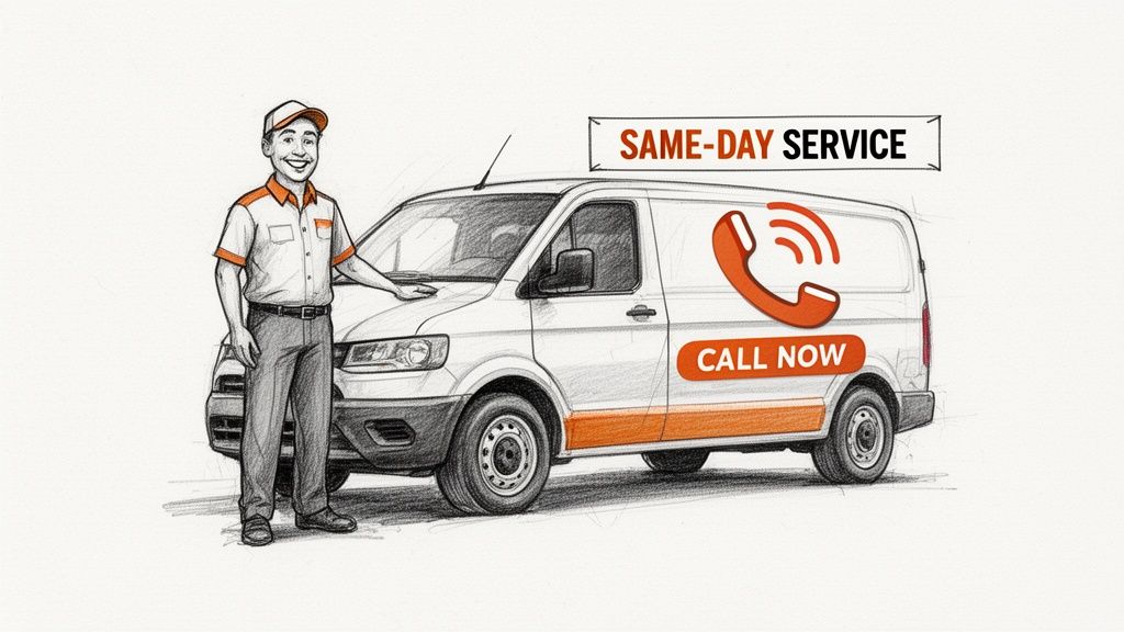A smiling service technician in uniform stands next to a white service van offering same-day service with a 'Call Now' sign.
