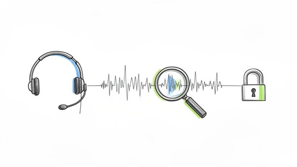 Visualizing secure voice data analysis from a call center headset to a locked padlock.