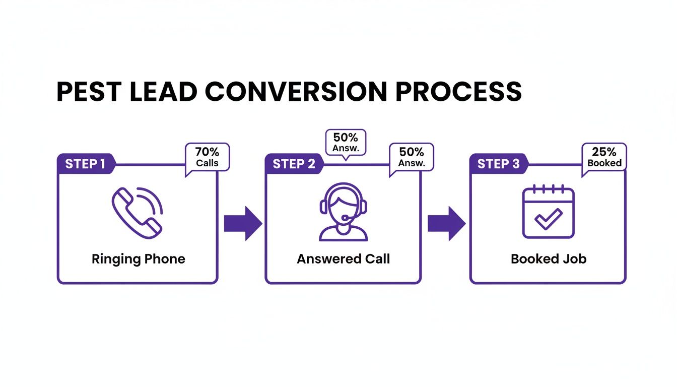 A three-step pest lead conversion process diagram showing ringing phone, answered call, and booked job.