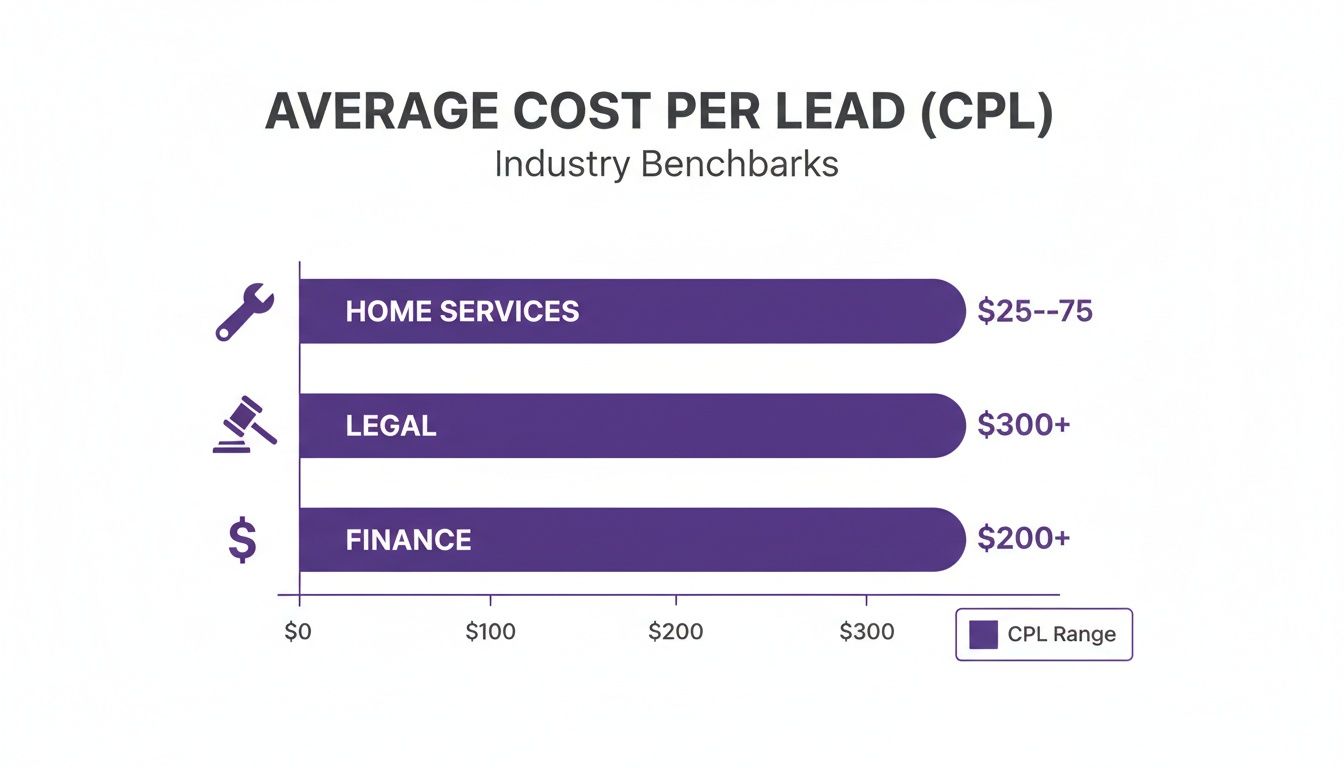 Bar chart showing average cost per lead benchmarks for Home Services ($25-$75), Legal ($300+), and Finance ($200+).