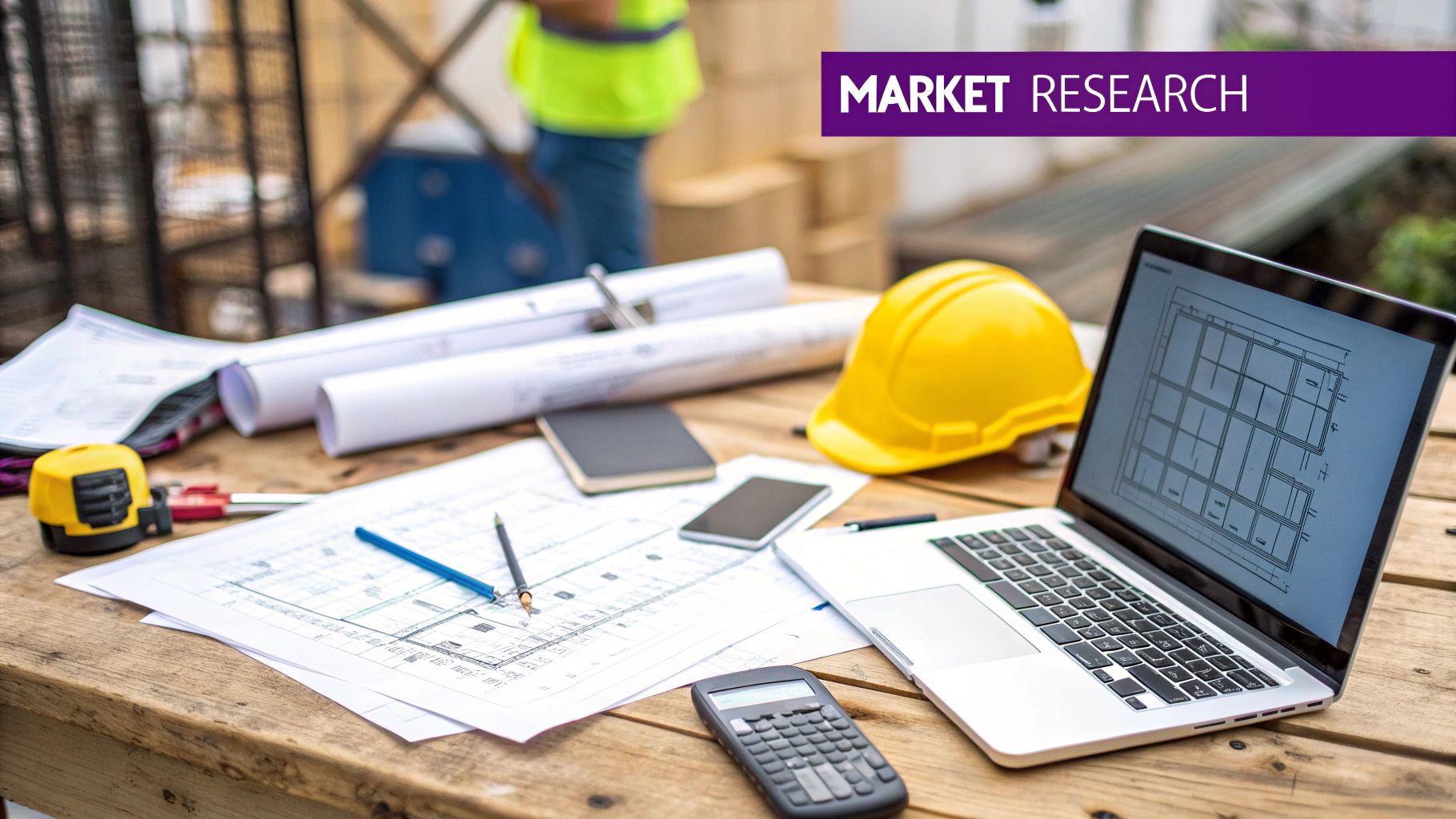 A blueprint for a building on a wooden table, symbolizing a construction marketing strategy.