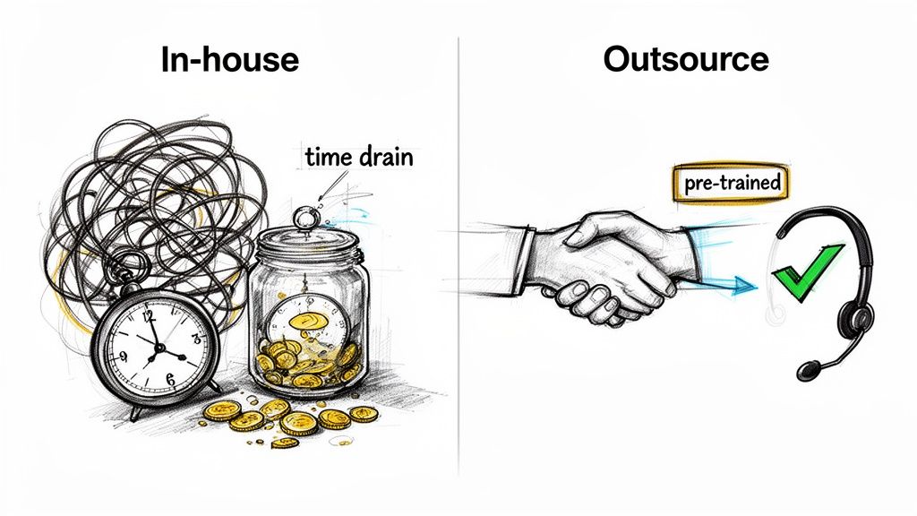 Illustration comparing in-house challenges like time drain with outsourcing benefits such as pre-trained staff.